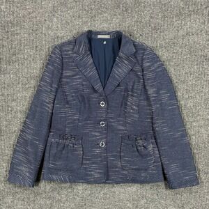 Atelier Womens Size 12 Navy Blue White Textured Woven Blazer Jacket Pocket